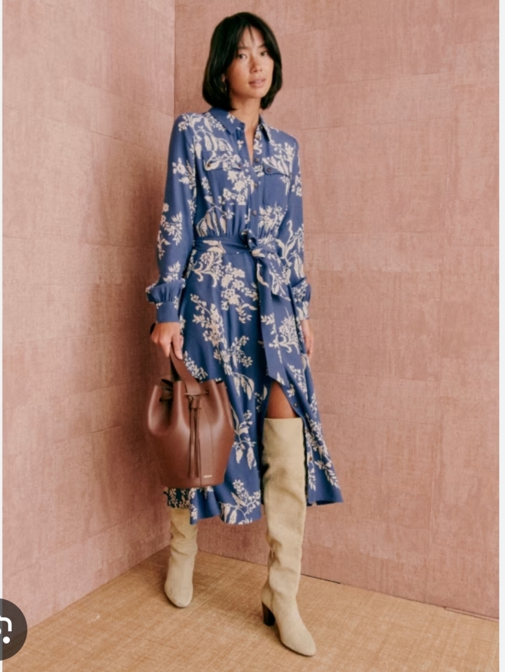 Sézane Lauretta Dress Blue Floral Belted Midi Dress Size Eu46